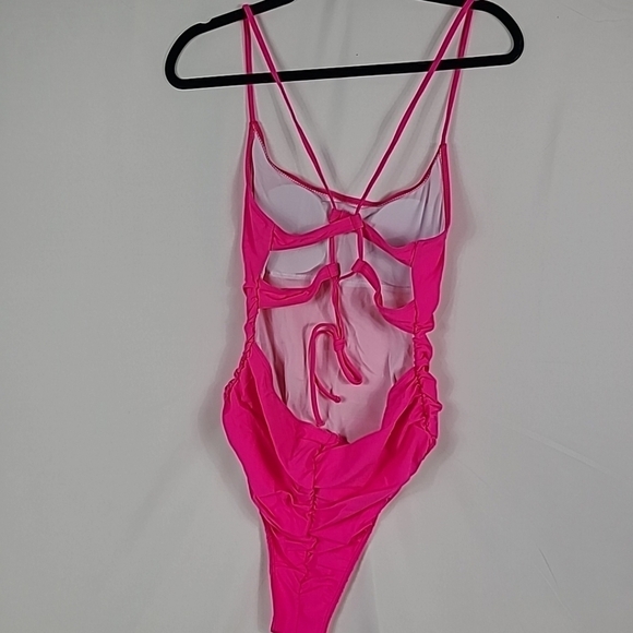 NEW SHEIN Women’s Pink One Piece Swimsuit Removable Pads Rouched Tie Up Back - Picture 2 of 6